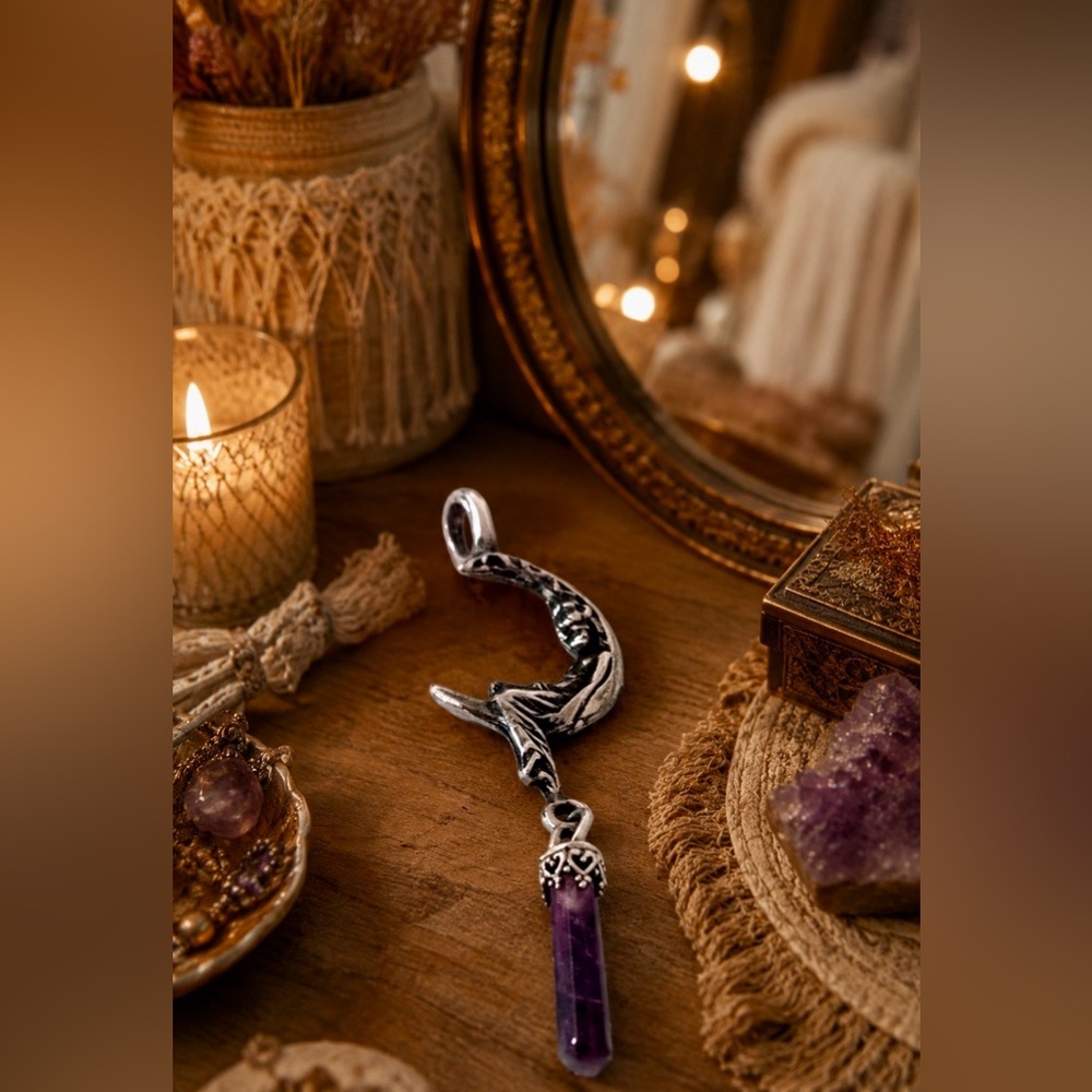Silver Moon Goddess Pendant with Amethyst